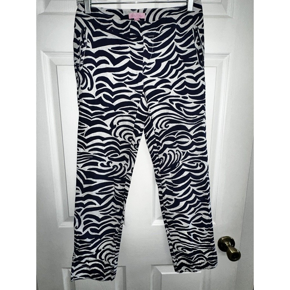 Lilly Pulitzer Elaine Cropped Pant Jacquard Bright Navy Wave Cotton Size 0